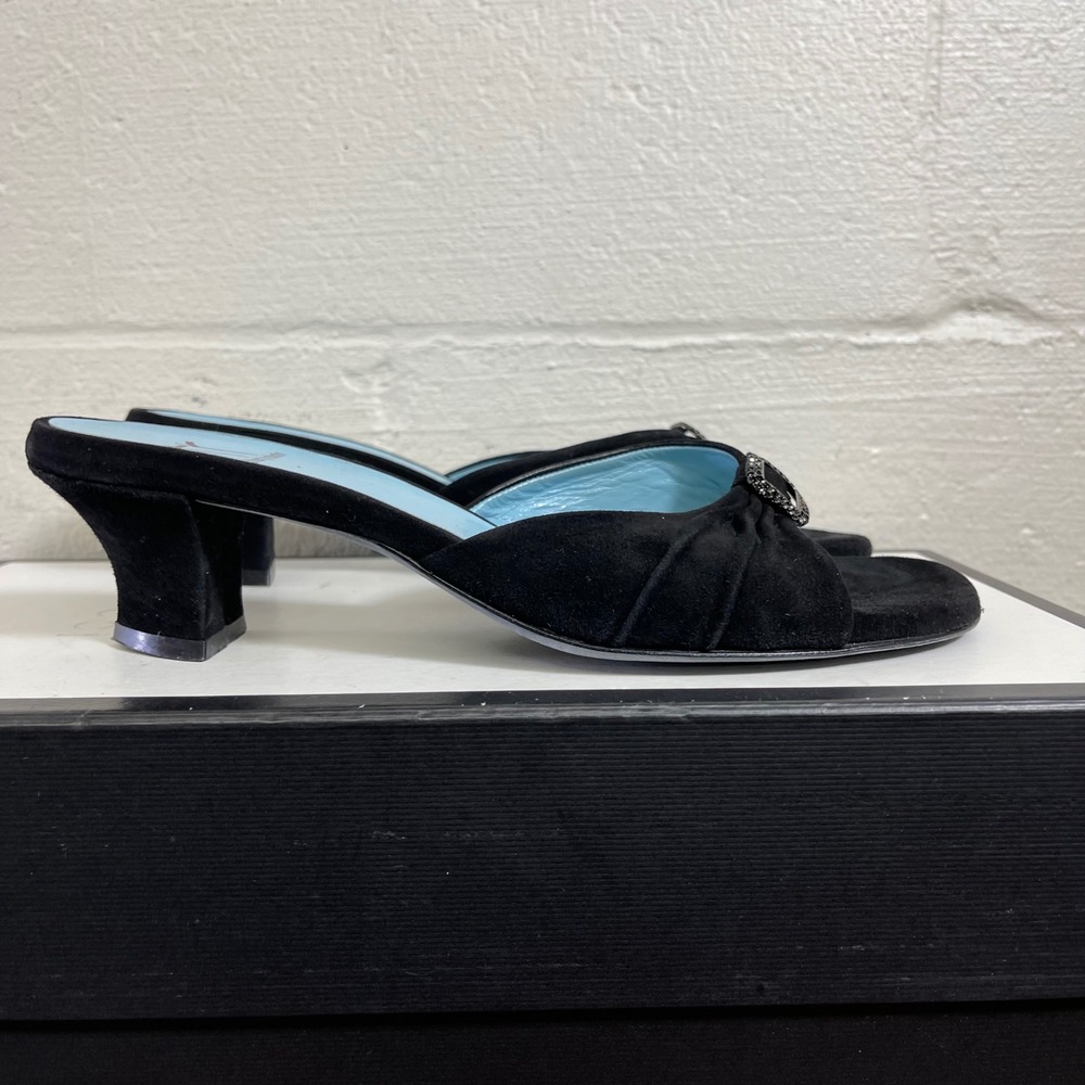 Thierry Rabotin Black Suede Crystal Buckle Kitten Heel Sandals Women 39EU/8.5US